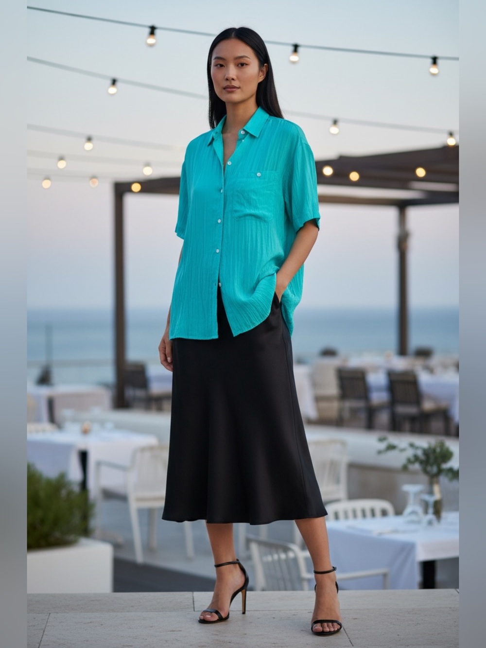 Vintage 1990s CHAUS 100% Silk Aqua Green Button Front Blouse Women’s Large NWT - Picture 4 of 9